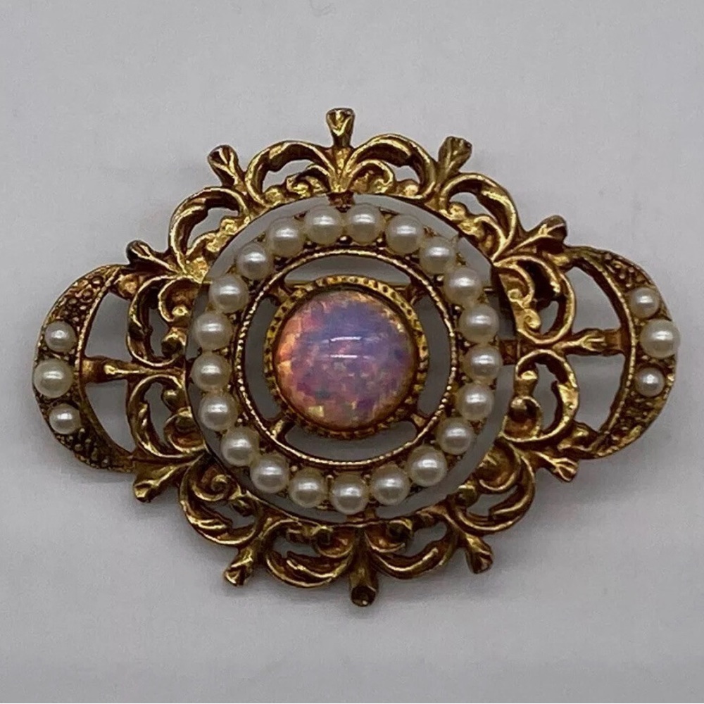 Antique Victorian Dome Opal Faux Pearl Brooch Pin Delicate Filigree Gold Tone